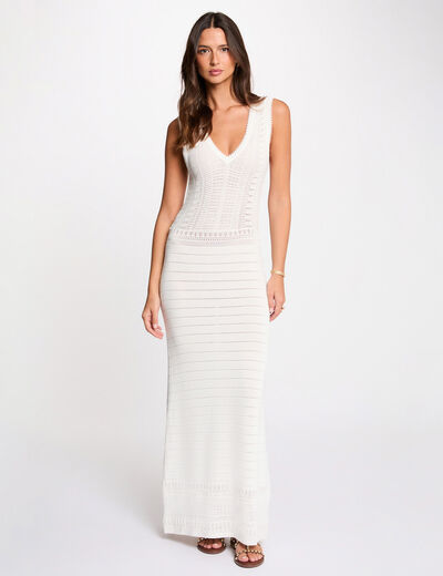 Vestido largo de punto calado blanco mujer
