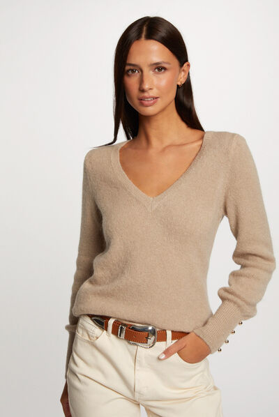 Jersey manga larga con escote en V beige mujer