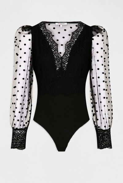 Body manga larga con encaje negro mujer