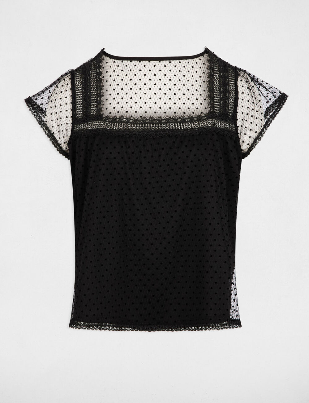 Camiseta encaje cuello cuadrado negro mujer