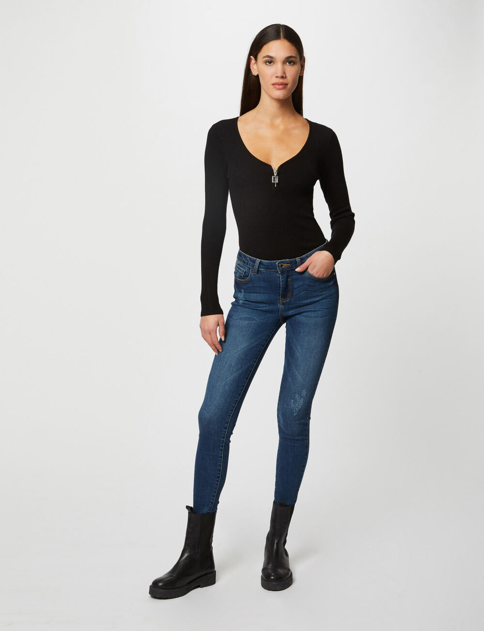 Jersey manga larga detalle cremallera negro mujer