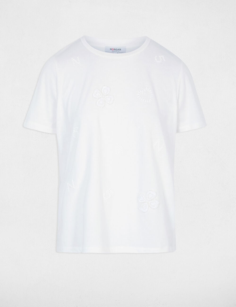 Camiseta bordada cuello redondo blanco mujer