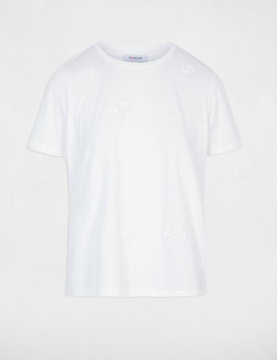 Camiseta bordada cuello redondo blanco mujer