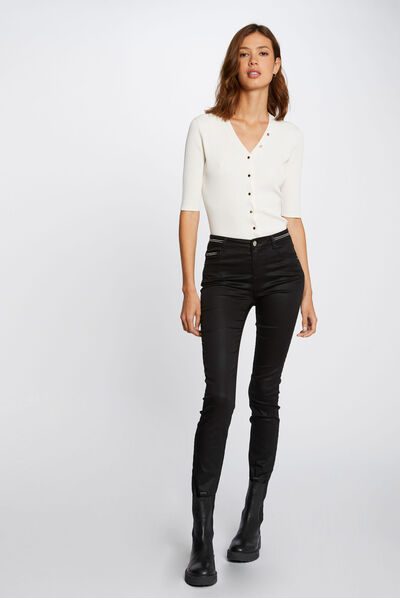Pantalón slim efecto mojado negro mujer