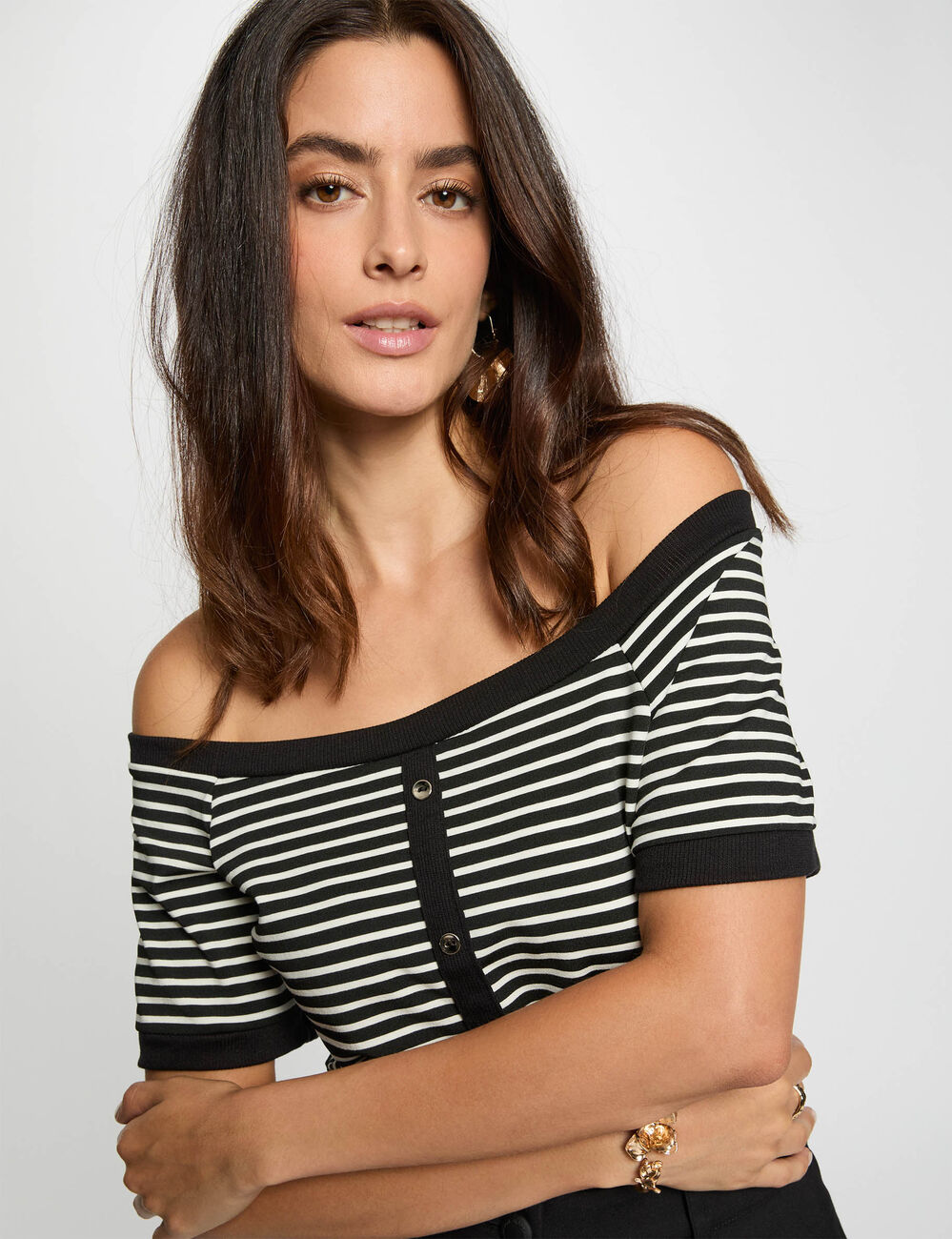 Camiseta de rayas estilo Bardot blanco mujer