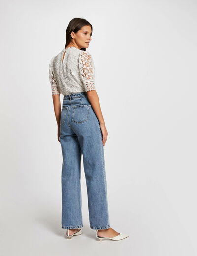 Blusa manga corta con encaje marfil mujer