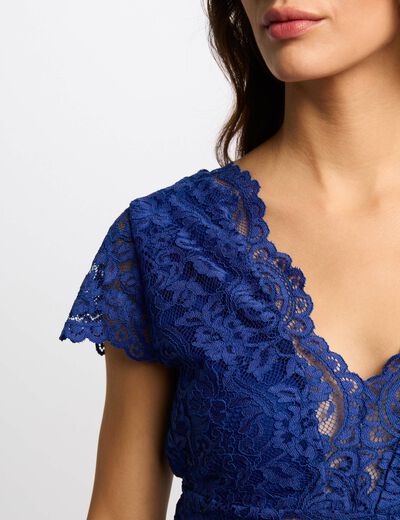Camiseta encaje y escote en V azul eléctrico mujer