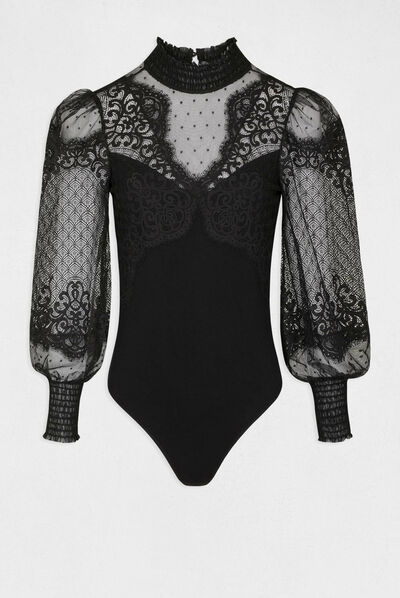 Camiseta manga larga con encaje negro mujer