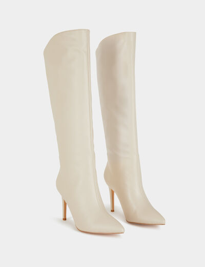 Botas de caña alta de cuero y tacones marfil mujer