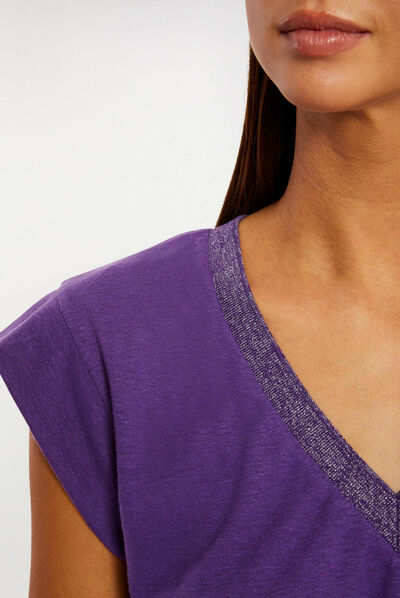 Camiseta manga corta con escote en V morado oscuro mujer