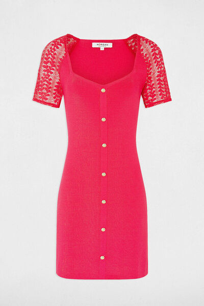 Vestido de punto entallado manga encaje rojo medio mujer