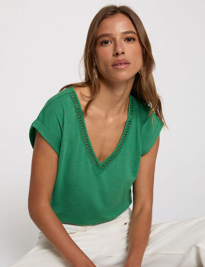 Camiseta brillante cuello v verde pradera mujer