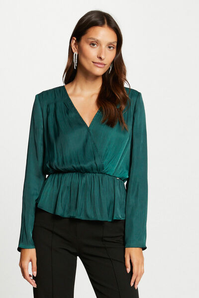 Blusa manga larga satinada verde oscuro mujer
