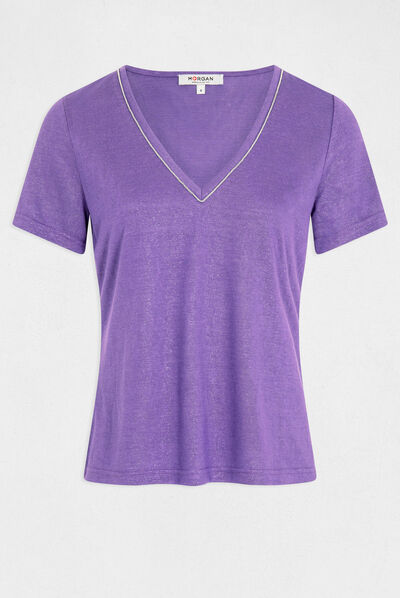 Camiseta manga corta con escote en V violeta mujer