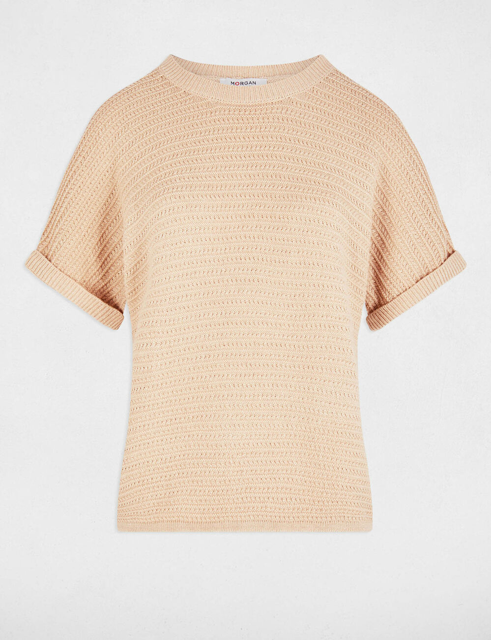 Jersey manga corta beige mujer
