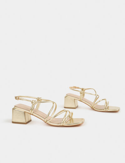 Sandalias de tacón cuadrado dorado mujer