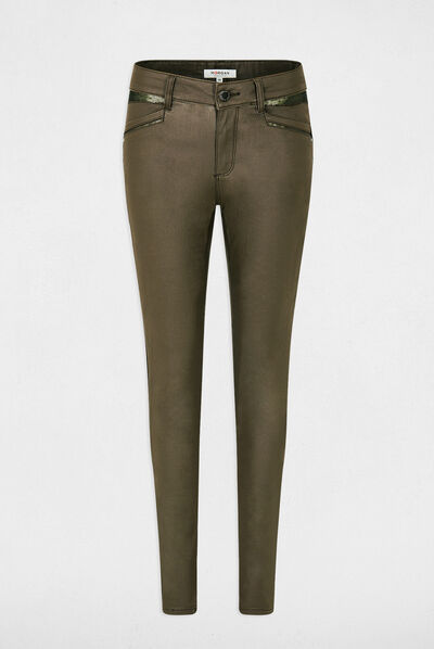 Pantalón skinny efecto mojado verde caqui mujer
