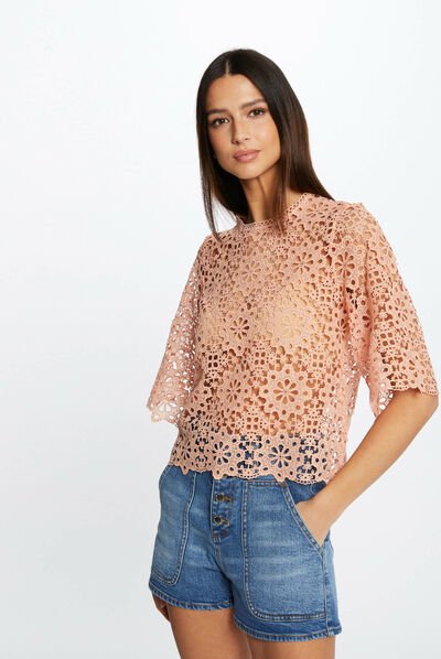 Blusa manga corta con encaje  mujer