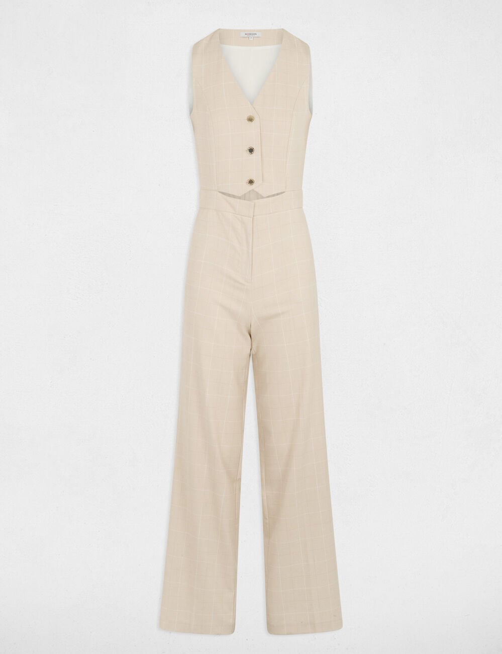 Mono ancho con cuello en v beige mujer