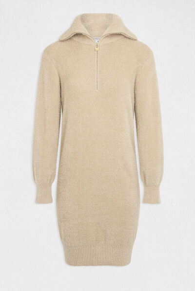 Vestido de punto cuello con cremallera beige mujer