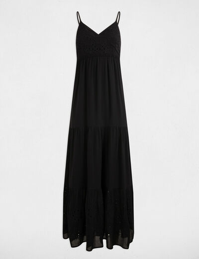 Vestido largo holgado bordado negro mujer