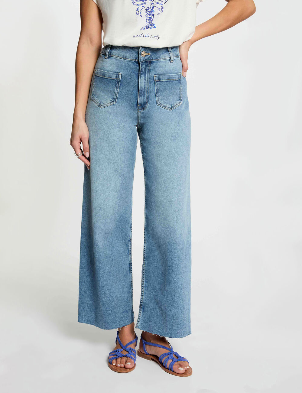 Vaquero ancho de tiro alto denim doble stone mujer