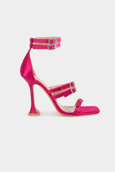 Sandalias de tacón detalles tipo joya rosa mujer