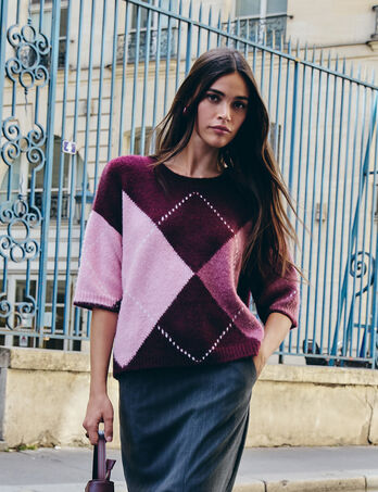 Jersey jacquard cuello redondo ciruela mujer