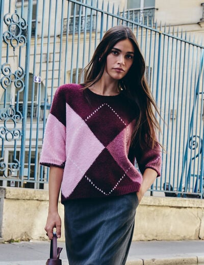 Jersey jacquard cuello redondo ciruela mujer