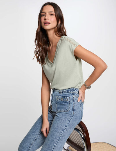 Camiseta manga corta verde claro mujer