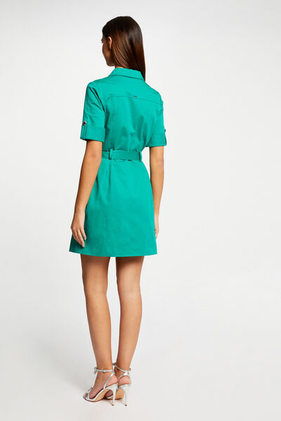 Vestido recto manga corta con cinturón verde mujer
