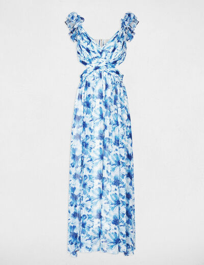 Vestido largo floral acampanado azul marino mujer