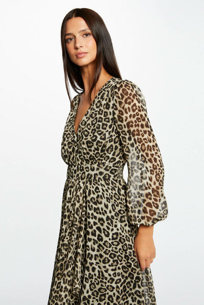 Vestido midi cruzado estampado leopardo multico mujer
