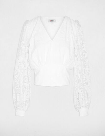 Blusa jacquard cuello v blanco mujer