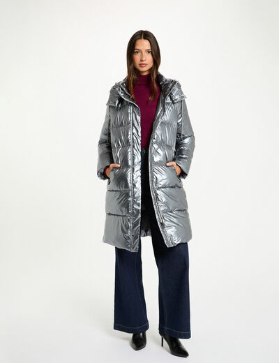 Abrigo acolchado largo brillante couleur argent mujer