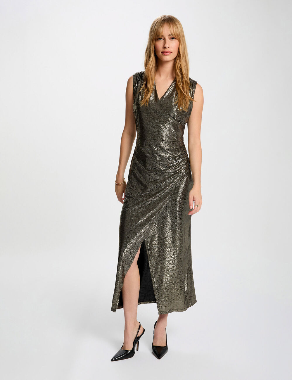 Vestido midi sin mangas amarillo oro mujer