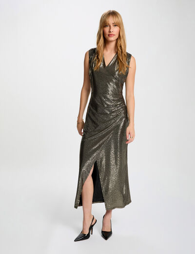 Vestido midi sin mangas amarillo oro mujer