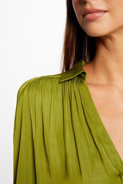 Camisa manga larga satinada anis mujer