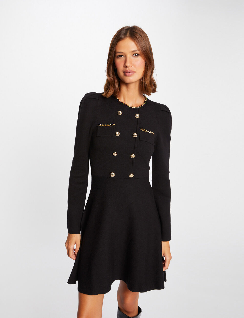 Vestido de punto trapezoidal con botones negro mujer