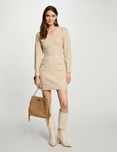 Vestido punto corto ajustado beige mujer