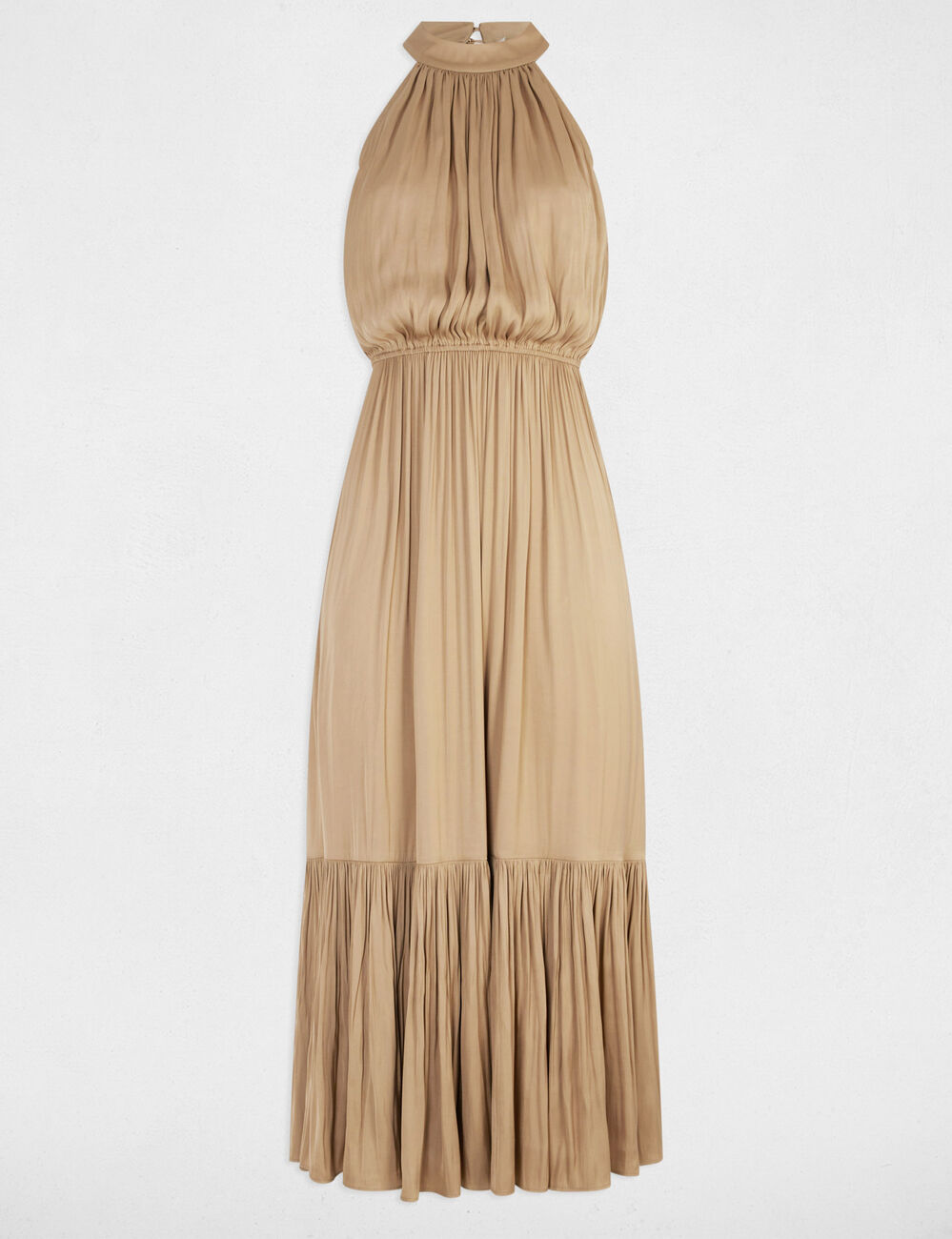 Vestido largo de cuello alto beige mujer