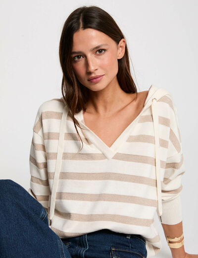Jersey escote en V y capucha marfil mujer