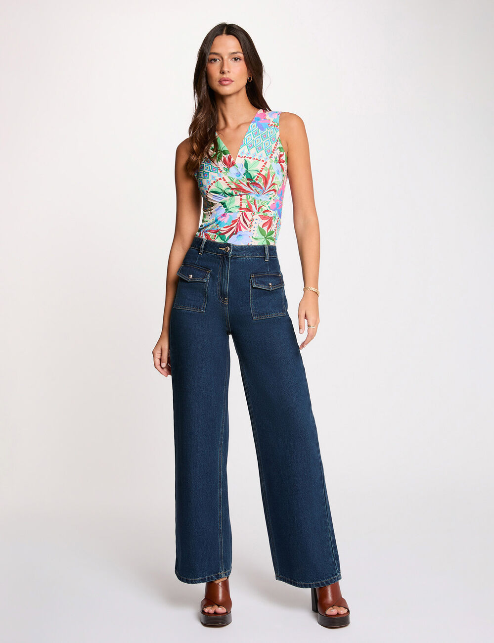 Camiseta ajustada sin mangas multicolor mujer