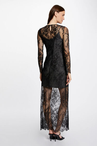 Vestido largo recto de encaje negro mujer