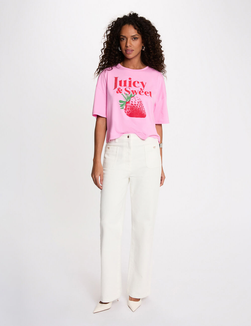 Camiseta cropped estampada rosa mujer
