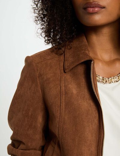 Chaqueta de antelina marrón coñac mujer