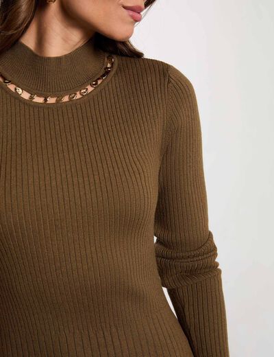Vestido de punto con cuello alto verde caqui mujer