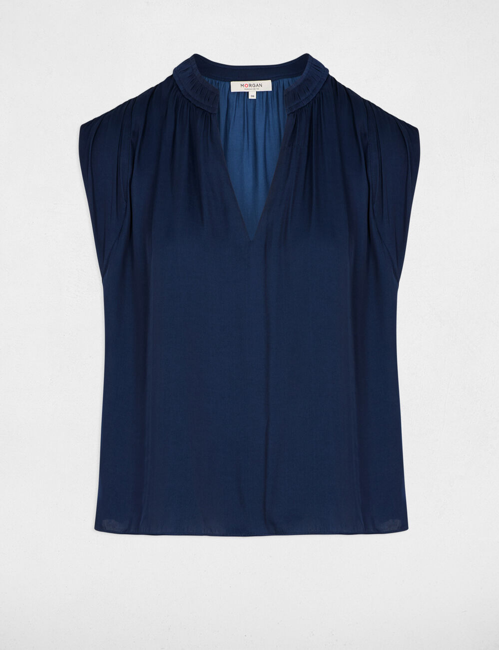 Blusa manga corta satinada azul marino mujer