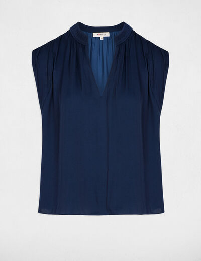Blusa manga corta satinada azul marino mujer