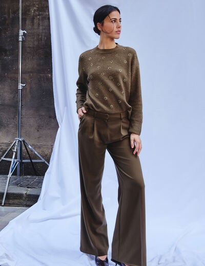 Pantal&oacute;n ancho de tiro alto verde caqui mujer